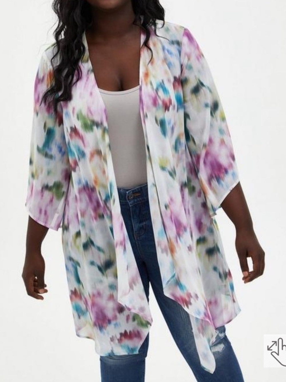 torrid Watercolor Floral Kimono Cover-Up in White with Purple & Blue